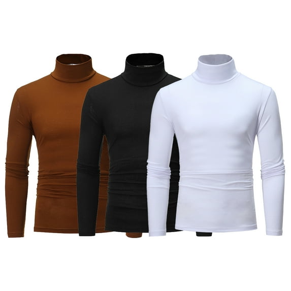 HULIJA 3 Pack Men's Mock Neck Shirts Long Sleeve Pullover Tops Slim Fit Casual T Shirts Black&Coffee&White S