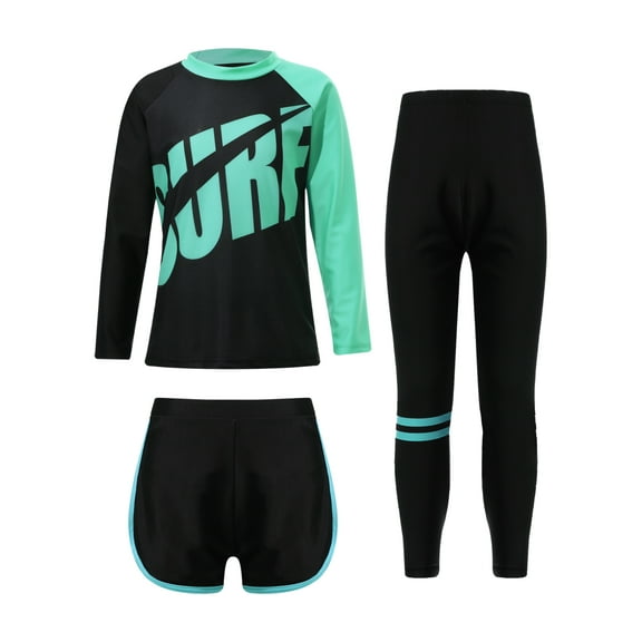 HULIJA 3 Pcs Cover Up Sets for Girls Boys Rashguard Shirts Shorts with Leggings Athletic Swimsuit Blue L