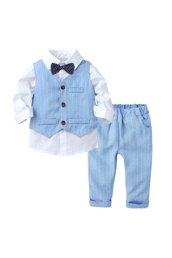 Baby Boys 3Pcs Clothing Sets Long Sleeve Dress Shirt with Bow Tie + Tuxedo Vest + Pants Party Blue 70