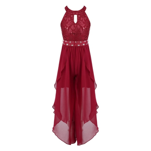 HULIJA Big Girls Floral Lace Shiny Crystal Pageant Dance Gown Birthday Party High Low Romper Jumpsuit Burgundy 10