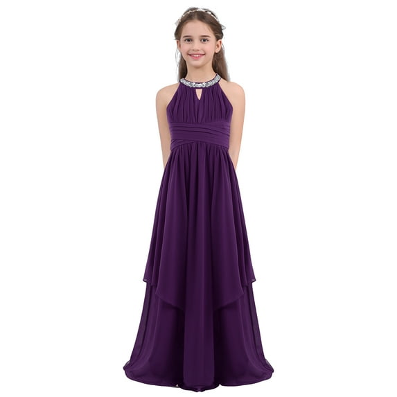 HULIJA Big Girls Sequin Halter Neck Wedding Long Dress Pageant Party Junior Bridesmaid Maxi Gown Purple 14