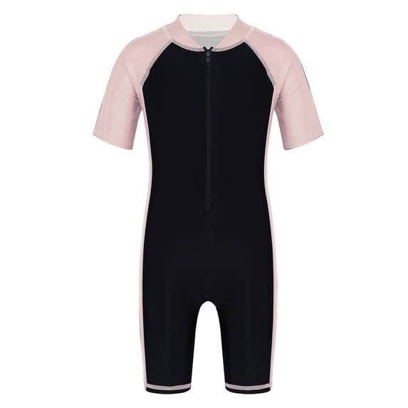 HULIJA Kids Boys Girls One Piece Short Sleeves Zippered Swimwear Swimsuit Swimming Bathing Suit Pink&Black 16