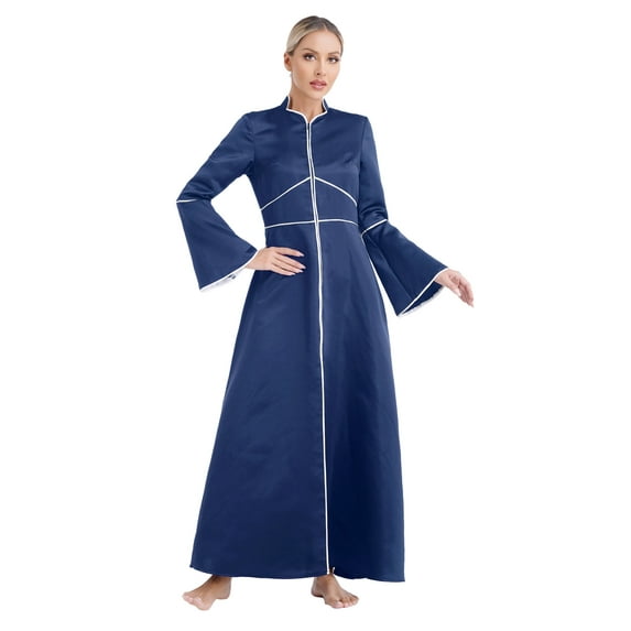 HULIJA Clergy Robe Dress for Womens Flared Sleeves Maxi Gown Church Robe Choir Performance Halloween Navy Blue L