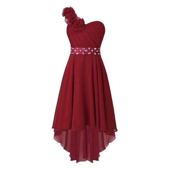 HULIJA Flower Girls Dress Junior Bridesmaid Dress Applique Ruched One-Shoulder Pageant Wedding Party Burgundy 16