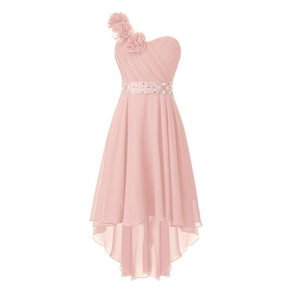 HULIJA Flower Girls Dress Junior Bridesmaid Dress Applique Ruched One-Shoulder Pageant Wedding Party Pink 6