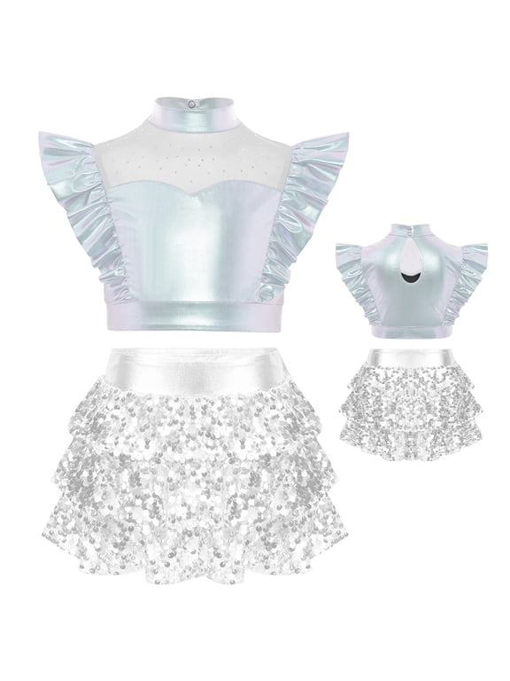 Girl's Latin Jazz Dance Dress Metallic Dancing Clothes Crop Top with Skirt Set for Stage Performance Silver 8