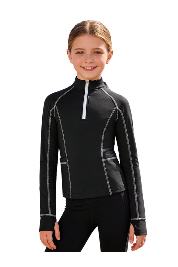 Girls Fleece Horse Riding Jackets Kids Equestrian Shirts Long Sleeve Thumbholes 1/4 Zipper Jackets Black 4