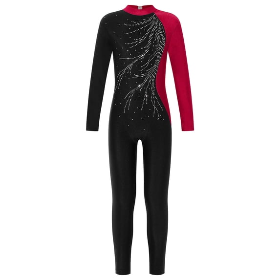 HULIJA Girls Long Sleeve Shiny Diamond Unitards Jumpsuit One Piece Stretchy Spandex Full Body Leotard Burgundy 14
