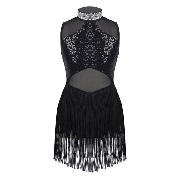 HULIJA Girls Mesh Splice Rhinestone Tassel Dress Samba Jazz Tap Modern Latin Salsa Ballroom Costume Black 6
