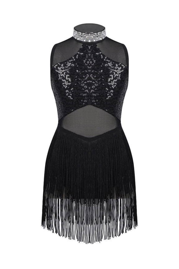 Girls Mesh Splice Rhinestone Tassel Dress Samba Jazz Tap Modern Latin Salsa Ballroom Costume Black 6