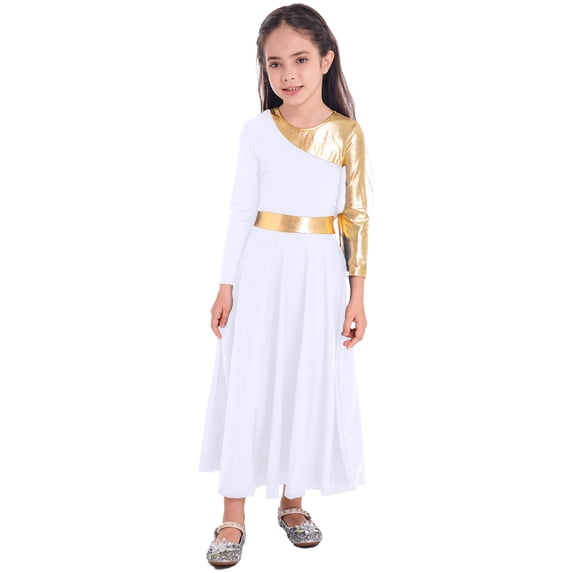 HULIJA Girls Metallic Ballet Liturgical Praise Dance Dress Gold Long Sleeve Loose Full Length Worship White 14
