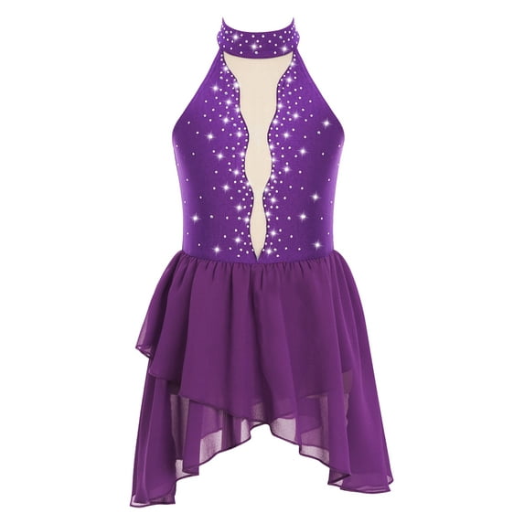 HULIJA Girls Rhinestone Lyrical Dance Dress Open Back Irregular Hem Ballet Modern Contemporary Purple 6
