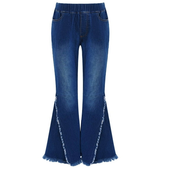 HULIJA Girls Ripped Tassel Button Dowm Demin Pants Youth Kids Jeans Streetwear Trousers with Pockets Dark Blue 8