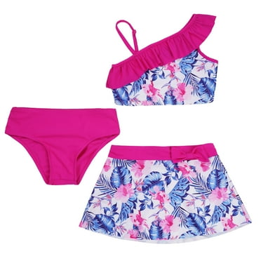 HULIJA Girls' Ruffle One-Shoulder Tops with Bottoms and Skirt 3 Pieces Tankini Swimsuit Bathing Suit Rose Red 8