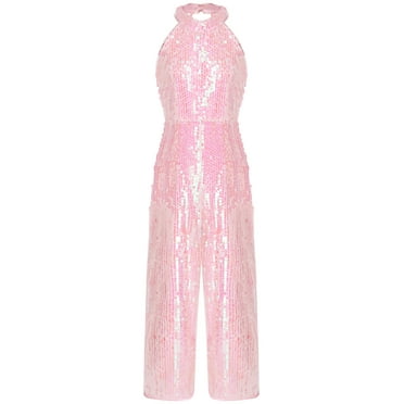 HULIJA Girls Sequins Jumpsuit Halter Princess Pageant Romper Prom Christmas Party Evening Long Leg Pink 14