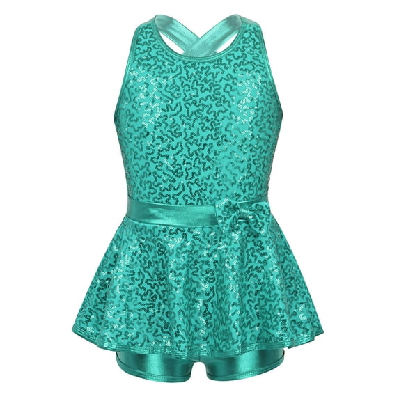 HULIJA Girls Shiny Sequins Jazz Leotards Dress Sleeveless Jumpsuit Dancewear Lake Green 12