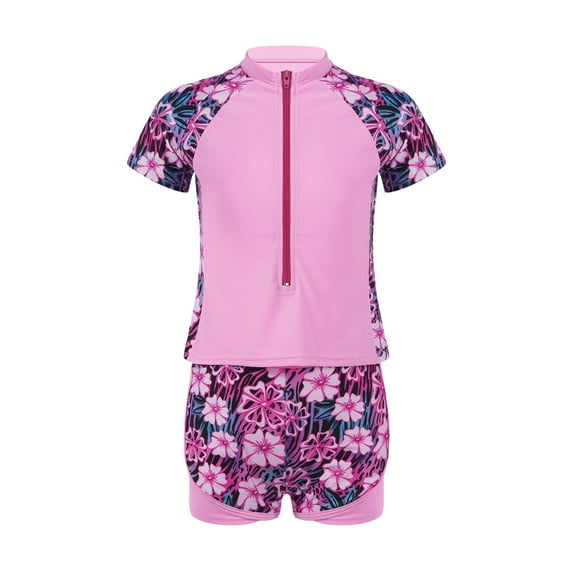 HULIJA Girls Short Sleeve Swimsuits Rashguard Sets Two Piece UPF 50+ Sun Protective Sunsuits Pink Floral 12