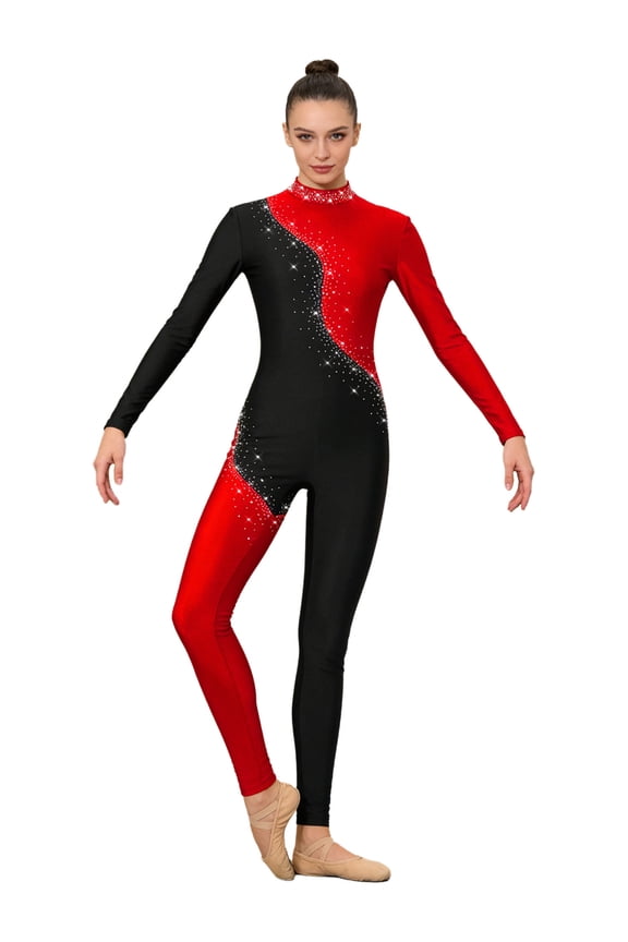 Gymnastics Unitards for Women Full Body Suits Long Sleeve Figure Skating Unitard Red S