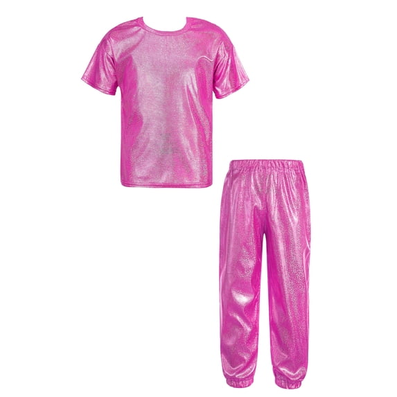 HULIJA Kids 2 Piece Dance Outfit Shorts Sleeve Shiny Metallic Round Neck T-shirt with Pant Set Jazz Rose Red 100
