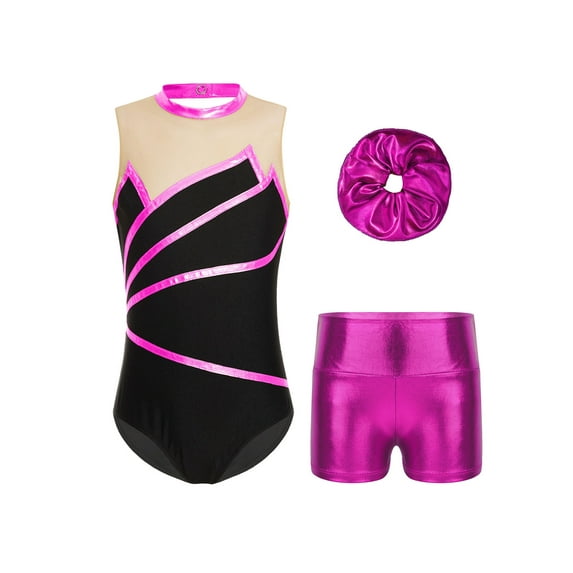 HULIJA Kids 3 Piece Dance Outfit Girls Gymnastics Leotard Mesh Bodysuit Unitard with Dance Yoga Hot Pink 4
