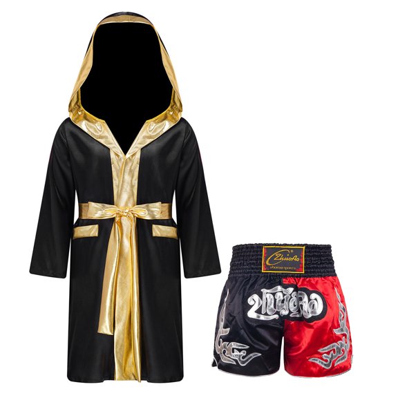 HULIJA Kids Boys Boxing Costume Boxer Robe and Boxing Shorts Champion Boxer Cosplay Fancy Outfits Black&Red 10