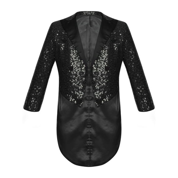 HULIJA Kids Boys Classic Tuxedo Sequined Blazer Tailcoat Swallowtail Suit Jacket Open Front Wedding Black 10