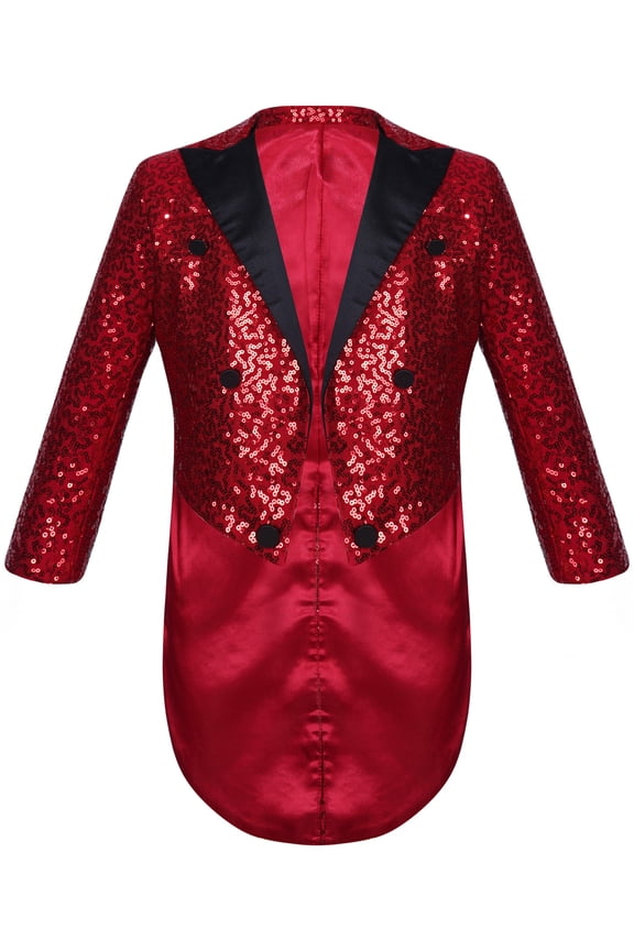 Kids Boys Classic Tuxedo Sequined Blazer Tailcoat Swallowtail Suit Jacket Open Front Wedding Burgundy 10