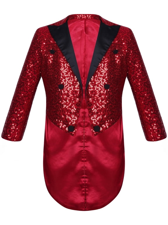 Kids Boys Classic Tuxedo Sequined Blazer Tailcoat Swallowtail Suit Jacket Open Front Wedding Burgundy 10