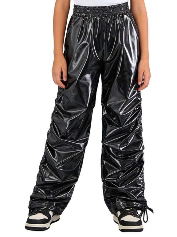 Kids Boys Girls Drawstring Metallic Pants Elastic Waistband Ruched Straight-leg Trousers Black 6