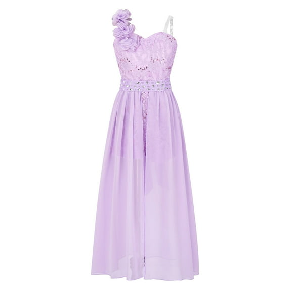 HULIJA Kids Flower Girls One Shoulder Romper Dress Wedding Banquet Party Maxi Ball Gown Dancewear Lavender 10