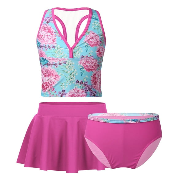 HULIJA Kids Girls 3PCS Tankini Swimsuit Sports Tank Top with Swim Skirt Bottoms Bathing Suit Blue Rose Red 7-8