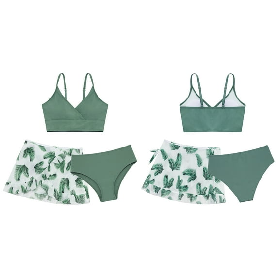 HULIJA Kids Girls 3Pcs Floral Print Swimsuit Padded Bra Bikini Top with Bottoms Beach Holiday Tankini Green 10Y