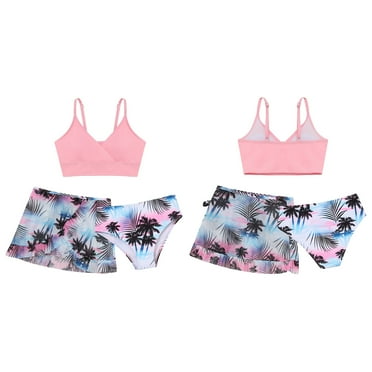 HULIJA Kids Girls 3Pcs Floral Print Swimsuit Padded Bra Bikini Top with Bottoms Beach Holiday Tankini Pink 9Y