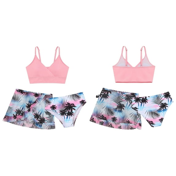 HULIJA Kids Girls 3Pcs Floral Print Swimsuit Padded Bra Bikini Top with Bottoms Beach Holiday Tankini Pink 9Y