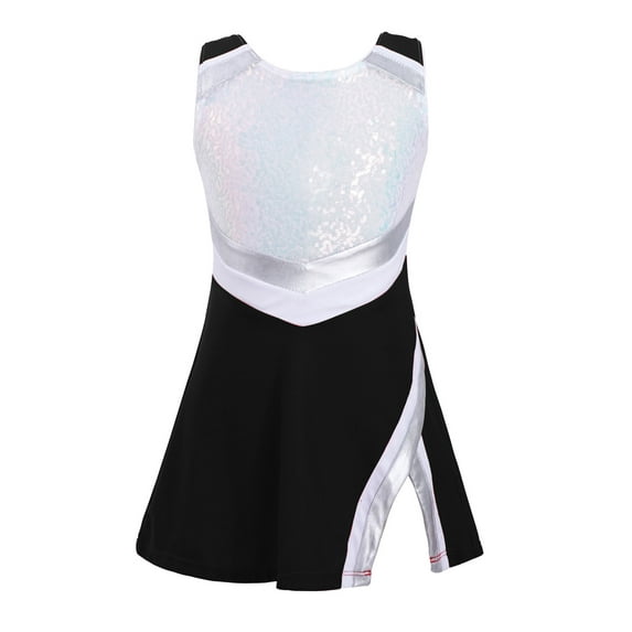 HULIJA Kids Girls Cheerleading Outfit Cheer Leader Uniform Sequin Tank Dress with Yoga Shorts Black 4
