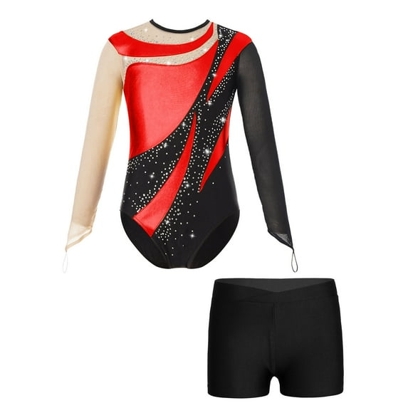 HULIJA Kids Girls Dance Outfits 2-Piece Rhinestones Shiny Metallic Mesh Patchwork Gymnastics Leotard Red&Black 8