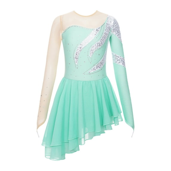 HULIJA Kids Girls Figure Ice Skating Dress Rhinestone Long Sleeve Asymmetrical Hem Gymnastic Leotard Light Green 16