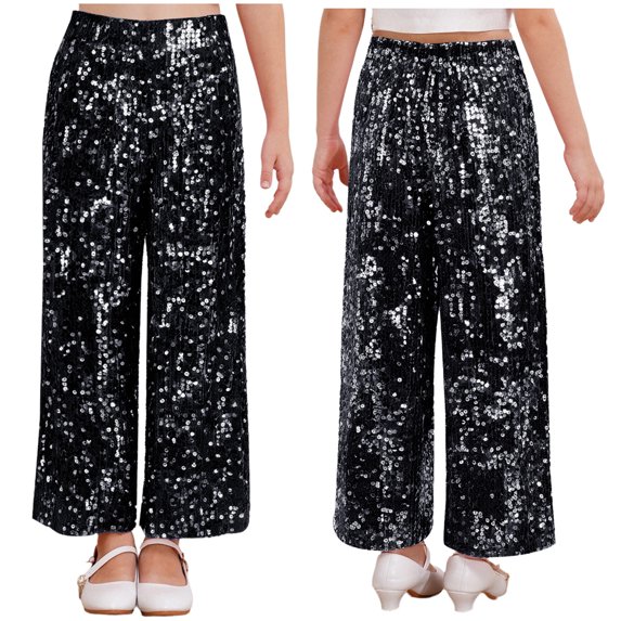 HULIJA Kids Girls Glitter Bell Bottoms Sequin Jazz Street Hip Hop Dance Pants Elastic Waist Sparkle Trousers Black 14