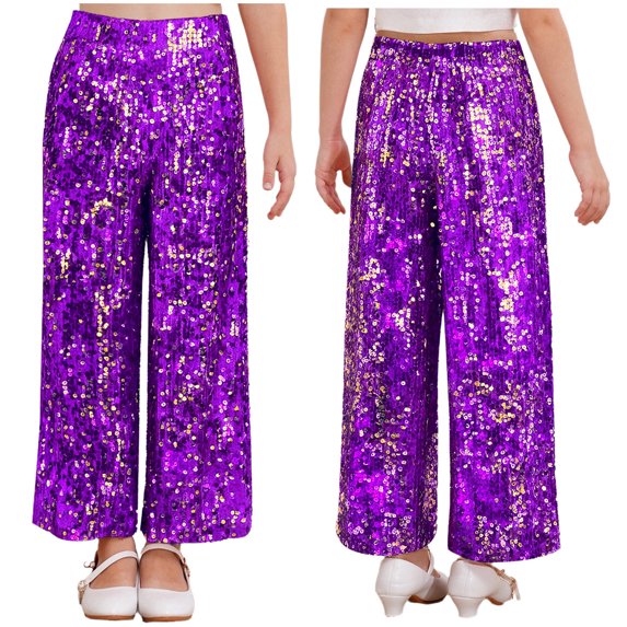 HULIJA Kids Girls Glitter Bell Bottoms Sequin Jazz Street Hip Hop Dance Pants Elastic Waist Sparkle Trousers Purple 10