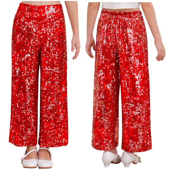 HULIJA Kids Girls Glitter Bell Bottoms Sequin Jazz Street Hip Hop Dance Pants Elastic Waist Sparkle Trousers Red 8