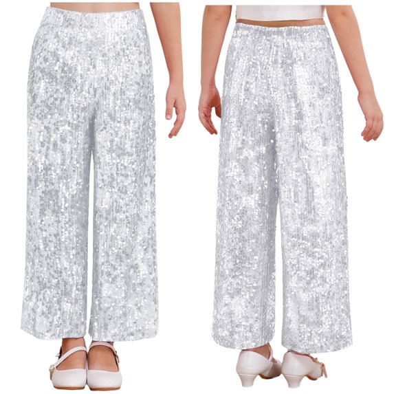 HULIJA Kids Girls Glitter Bell Bottoms Sequin Jazz Street Hip Hop Dance Pants Elastic Waist Sparkle Trousers Silver 10