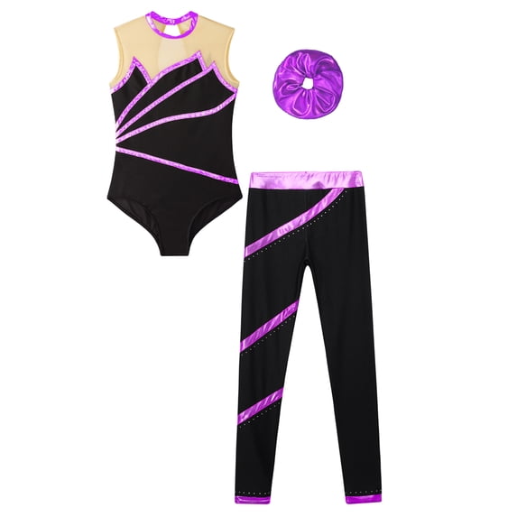 HULIJA Kids Girls Gymnastics Dancce Outfits Metallic Striped Leotard Bodysuit Unitard with Pants Hair Purple 10
