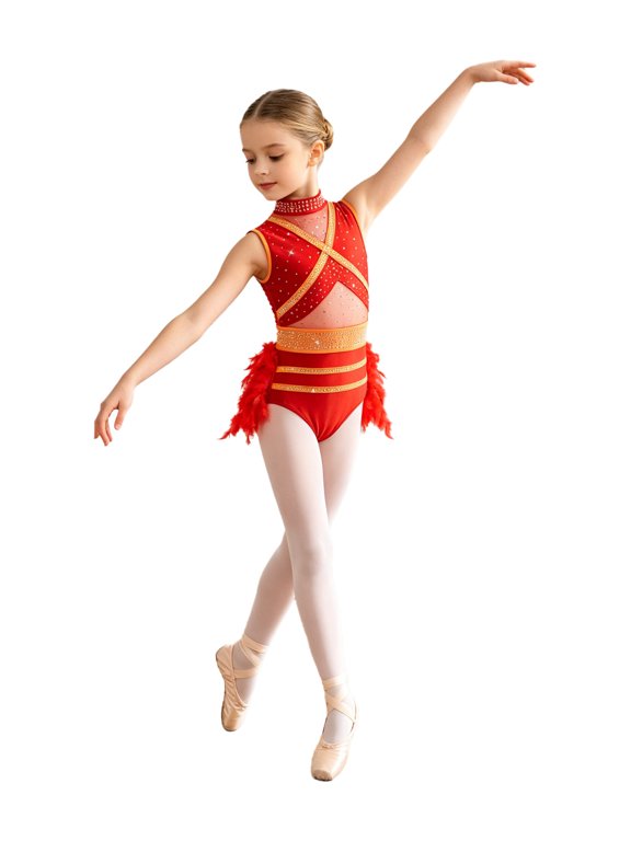 Kids Girls Latin Tango Jazz Dance Bodysuit Sleeveless Mesh Patchwork Feather Leotard Red 6