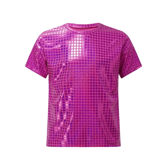 HULIJA Kids Girls Metallic Shiny Round Neck Jazz Hip Hop Dance Tops Boys Unisex Sequined T-Shirt Hot Pink 160
