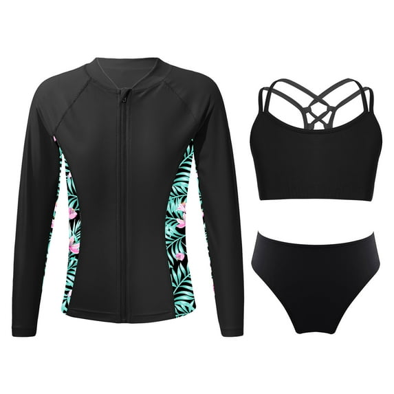 HULIJA Kids Girls Rash Guard Set Bikini Swimsuit with Sun Protection Long Sleeve Zipper Jacket UPF Black 6