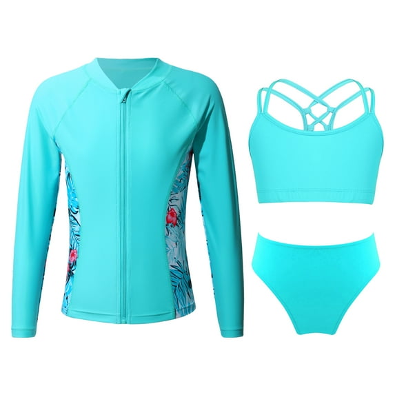 HULIJA Kids Girls Rash Guard Set Bikini Swimsuit with Sun Protection Long Sleeve Zipper Jacket UPF Lake Green 10