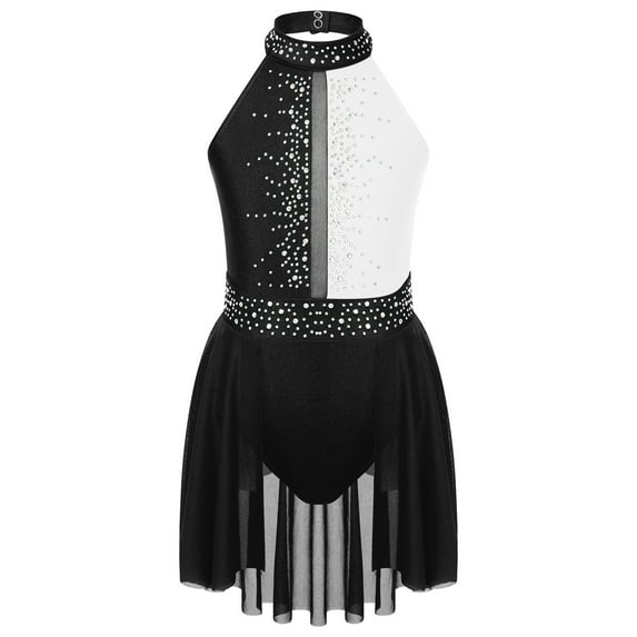 HULIJA Kids Girls Rhinestone Lyrical Dance Dress Figure Ice Skating Dress Gymnastic Leotard Black&White 16