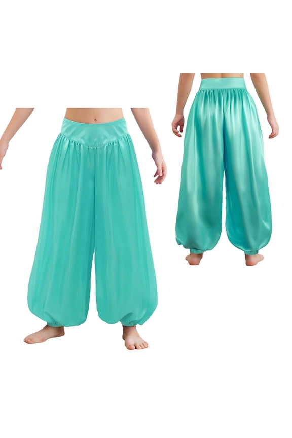 Kids Girls Satin Praise Belly Dance Harem Pants Wide Leg Bloomers Arab Carnival Party Performance Trousers Light Blue 6