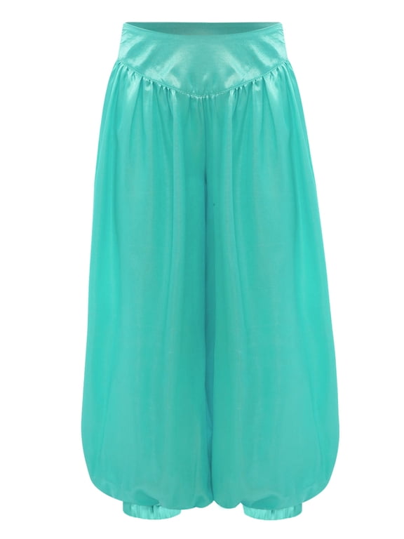 Kids Girls Satin Praise Belly Dance Harem Pants Wide Leg Bloomers Arab Carnival Party Performance Trousers Light Green 6