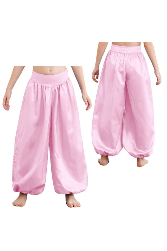 Kids Girls Satin Praise Belly Dance Harem Pants Wide Leg Bloomers Arab Carnival Party Performance Trousers Pink 6